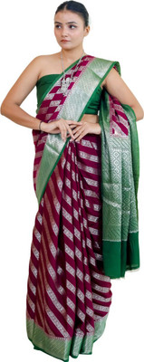 The Weavers Shop by Raavi Striped Bollywood Silk Blend Saree(Maroon)