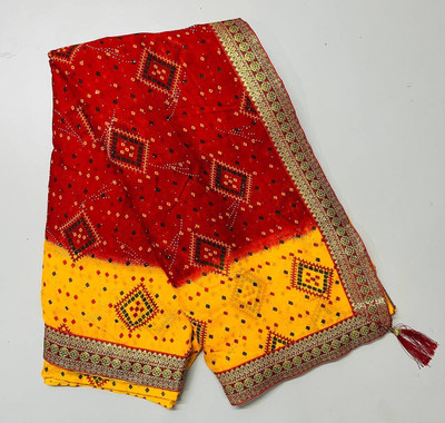 Laxmi Fashion Paisley, Printed Bandhani Jacquard, Cotton Silk Saree(Red, Yellow)