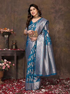 YASHIKA Printed, Self Design Banarasi Cotton Silk, Jacquard Saree(Blue)