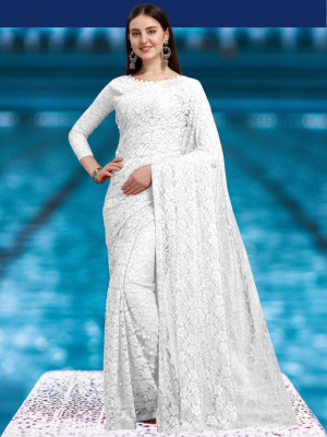 SwiftStyle Embroidered, Embellished Bollywood Net Saree(White)