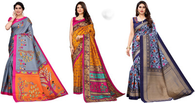 YASHIKA Printed, Woven Kanjivaram Art Silk Saree(Pack of 3, Grey, Yellow, Blue)