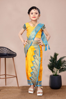 Ashmika Woven, Floral Print, Temple Border, Embellished Paithani Cotton Silk Saree(Yellow)