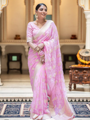 Aldwych Woven Banarasi Silk Blend Saree(Pink)