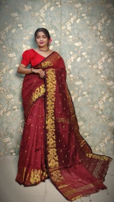 Tapan Textiles Woven Handloom Cotton Silk Saree(Maroon)