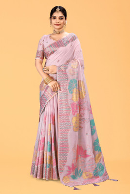 NEGRONISATR Floral Print Bollywood Linen Saree(Pink)