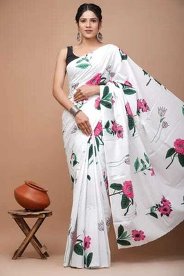 Tanishka Handicrafts Printed Daily Wear Cotton Blend Saree(White)