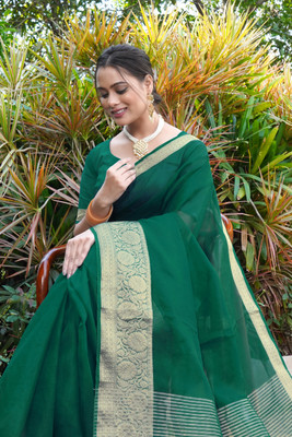 KOTHARI SBT Solid/Plain Bandhani Organza Saree(Green)