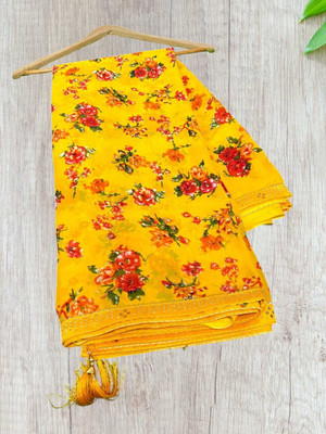 AGV Printed Bandhani Chiffon Saree(Pack of 2, Yellow)