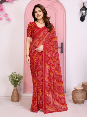 Anand Sarees Printed Saree with Attached Blouse Georgette, Lace Saree(Red)
