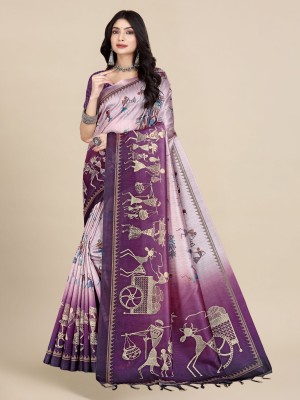 WearEZee Digital Print, Blocked Printed, Floral Print, Geometric Print, Graphic Print, Self Design Ikkat Tussar Silk, Cotton Silk Saree(Purple)