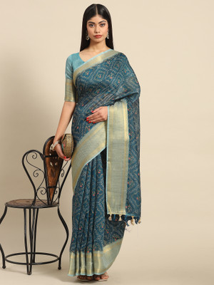 Sareemall Printed Banarasi Linen Saree(Blue)