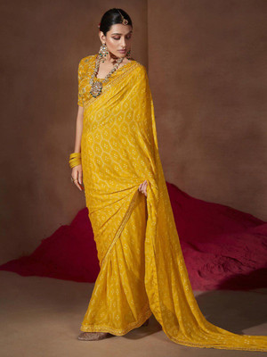 ANOUK Printed Bandhani Pure Silk Saree(Yellow)