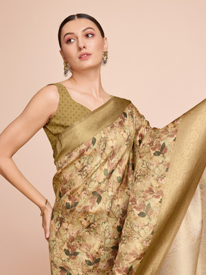 SICHYAH Printed Kanjivaram Pure Silk Saree(Brown)
