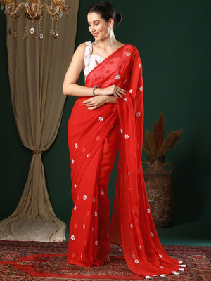 ANOUK Embroidered Banarasi Georgette Saree(Red)