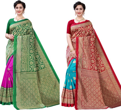 Fabwomen Printed Mysore Art Silk Saree(Pack of 2, Red, Light Green)