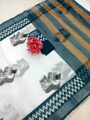 PRTRENDZ Digital Print, Woven Kanjivaram Pure Cotton, Cotton Linen Saree(White, Black)