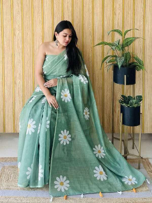 Shubharam Floral Print, Printed Bollywood Linen, Cotton Blend Saree(Green)