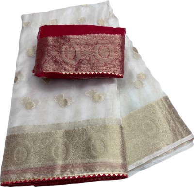 MINE CHOICE Woven Bollywood Organza Saree(White)