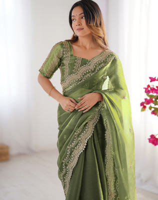 SIRIL Embellished, Embroidered Bollywood Jimmy choo, Chiffon Saree(Green)