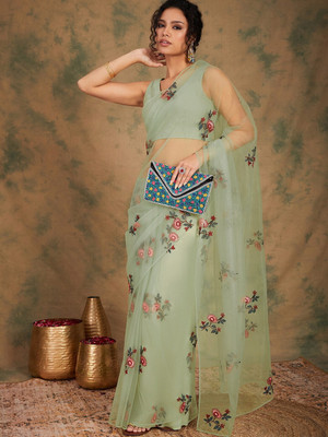 Sangria Embroidered Daily Wear Net Saree(Multicolor)