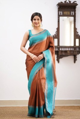 Bansari Textiles Printed, Self Design, Paisley, Woven, Embellished, Applique Kanjivaram Jacquard, Art Silk Saree(Brown)