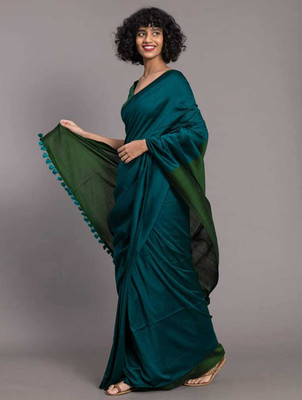 Binay textile Color Block Handloom Cotton Silk Saree(Dark Green)