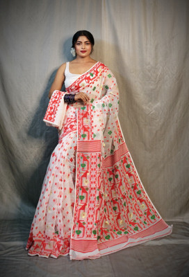 Pushpa Fashion Self Design Jamdani Cotton Blend Saree(White)
