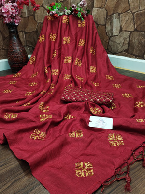 VILLAGIUS Embroidered Chanderi Silk Blend Saree(Maroon)