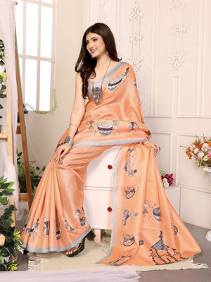 YASHIKA Printed Kalamkari Silk Blend, Art Silk Saree(Orange)