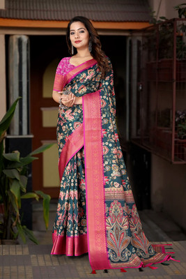 J6 Designers Embellished, Printed, Floral Print Bollywood Cotton Silk Saree(Green, Pink)