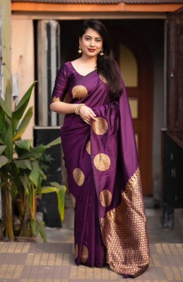djn creation Woven, Self Design Banarasi Jacquard, Pure Silk Saree(Purple, Gold)