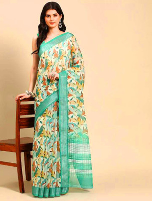 Moda Rapido Geometric Print Bollywood Cotton Linen Saree(Light Green)