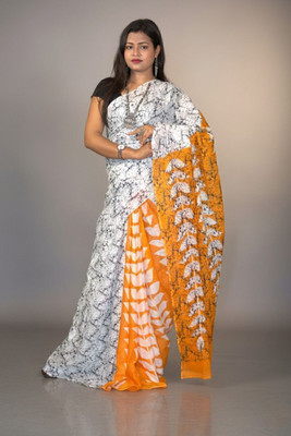 PriorityPoint Printed Daily Wear Pure Cotton Saree(Yellow, White)