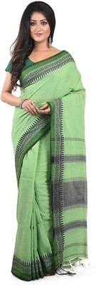 BongAp Striped Handloom Pure Cotton Saree(Light Green)