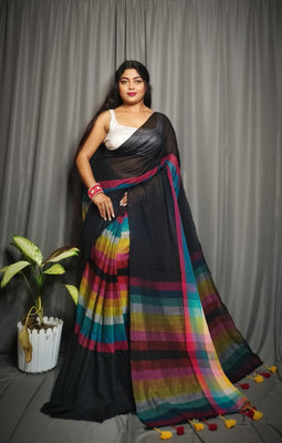 trogon Self Design Handloom Pure Cotton Saree(Black)