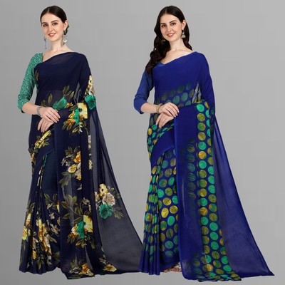 Anand Sarees Floral Print Daily Wear Georgette Saree(Pack of 2, Dark Blue, Blue)