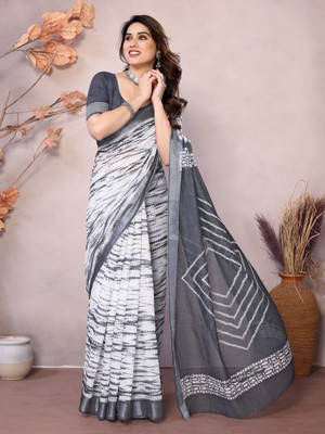 Soor Panchi Floral Print Handloom Linen Saree(White)