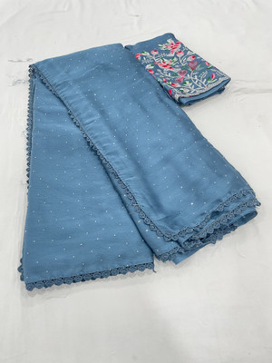 Vichitra Embroidered Bollywood Chiffon, Silk Blend Saree(Blue)
