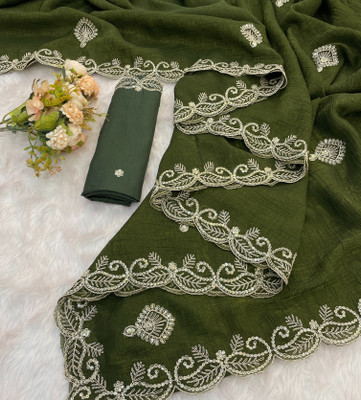 Tradivibe Embroidered Bollywood Chiffon Saree(Dark Green)