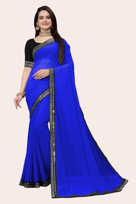 Aai shree khodiyar Solid/Plain Bollywood Georgette Saree(Dark Blue, Black)