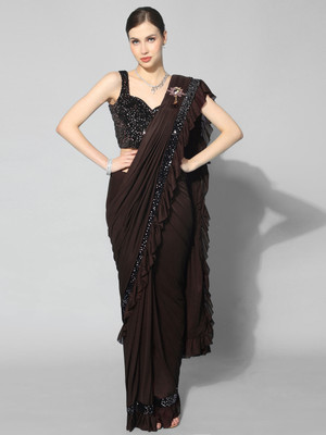 GUNHILD Self Design, Solid/Plain Banarasi Lycra Blend Saree(Brown)