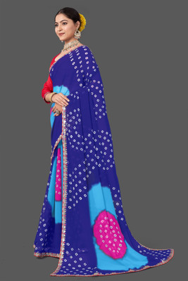 ASTEYAM Dyed Bandhani Georgette Saree(Blue)