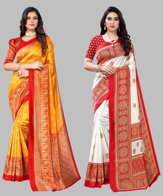 YASHIKA Printed, Digital Print, Self Design Mysore Art Silk Saree(Pack of 2, Mustard, Red)