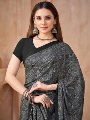 Sareemall Printed Hand Batik Crepe Saree(Black)