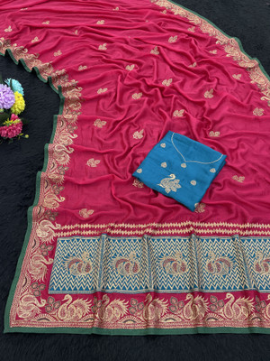 CHAMUNDA CREATION Embroidered Bollywood Pure Silk Saree(Pink)