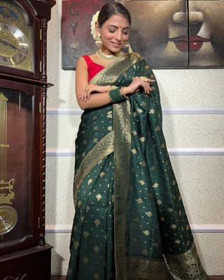 CKDESIGNER Woven Banarasi Jacquard Saree(Green)