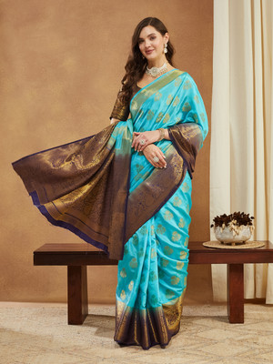 Tasrika Woven Banarasi Cotton Silk Saree(Dark Blue, Light Blue)