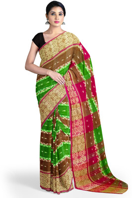 PRANATI ENTERPRISE Printed Tant Cotton Blend Saree(Dark Green, Red)