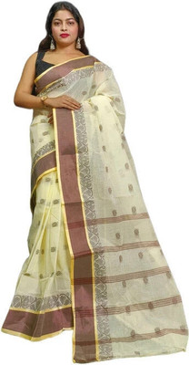 SABITA CUSTOMERY Woven, Color Block Tant Pure Cotton Saree(Cream, Brown)