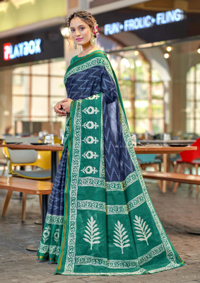 Divastri Printed Chanderi Cotton Blend Saree(Dark Blue)